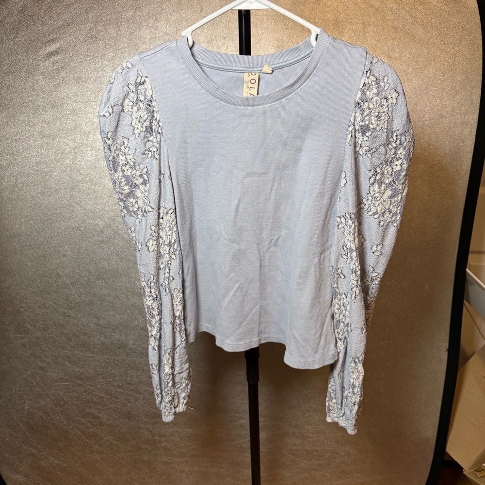 Dolan Lace Sleeve Knit Top Light Blue Balloon Sleeve Anthropologie Style Small